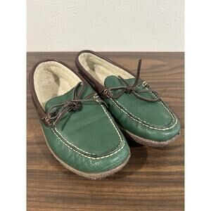 L.L. Bean Handsewn Slippers Sherpa Lined Green Leather Womens 10 M Loafers‎